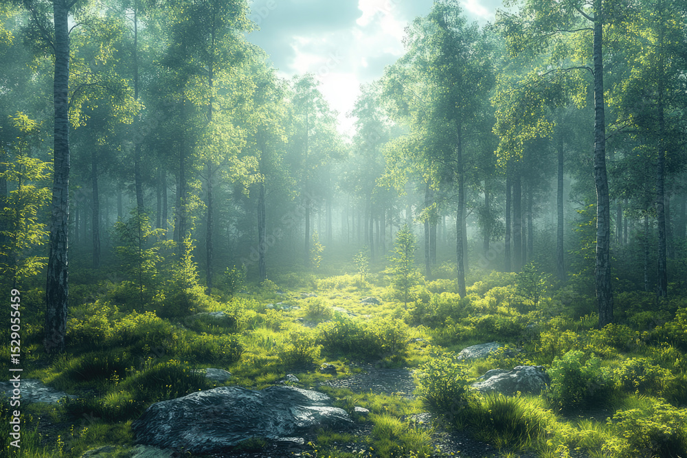 Fototapeta premium Photorealistic Forest Scene with Mist and Shaking Trees