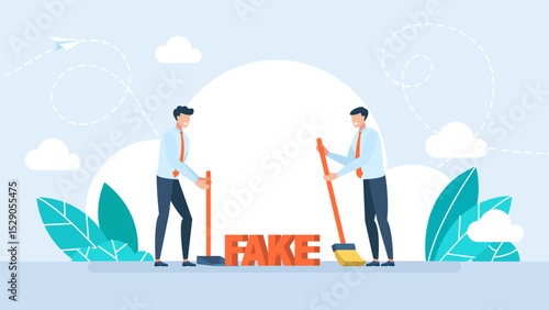 Businessmen sweep up garbage with dustpan. Fake news. Information noise, hoax. Spreading misinformation in mass media. Concept of brainwashing and internet propaganda. Vector illustration