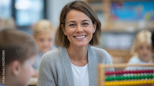 A teacher demonstrates an abacus in a vibrant classroom