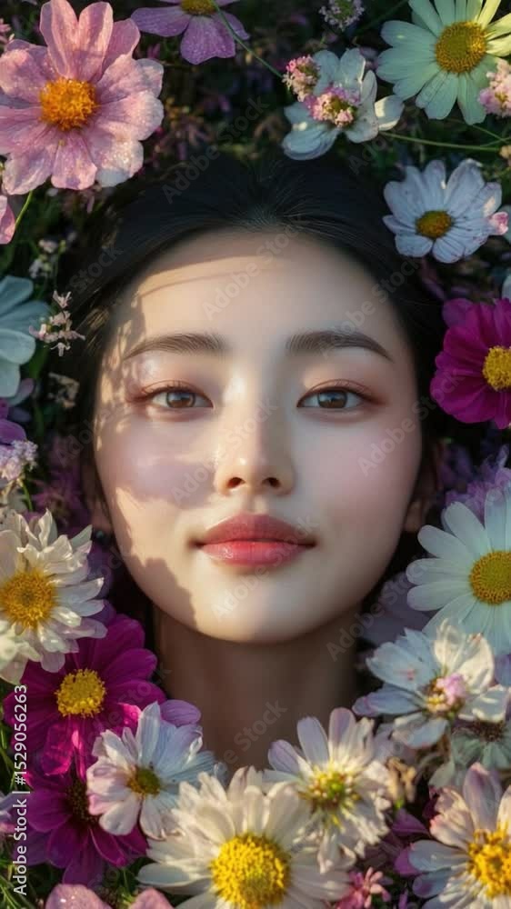 Serene Woman Surrounded by Colorful Flowers in a Dreamy Portrait Serene Woman Surrounded by Colorful Flowers in a Dreamy Portrait