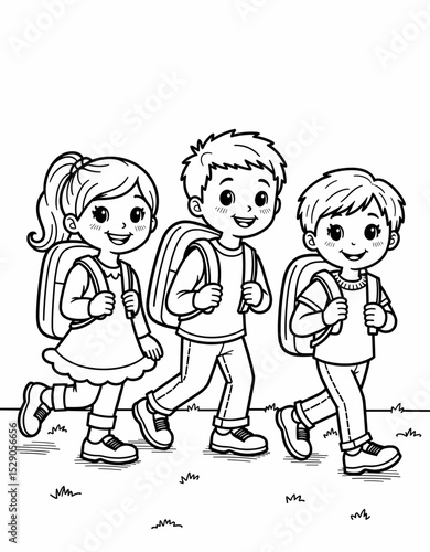 Three children walking together to school with backpacks - Concept of Back to School - coloring page for kids 5 - 8 years old  
