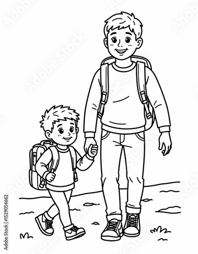 Father walking son to school during a bright day - coloring page for kids 5 - 8 years old  