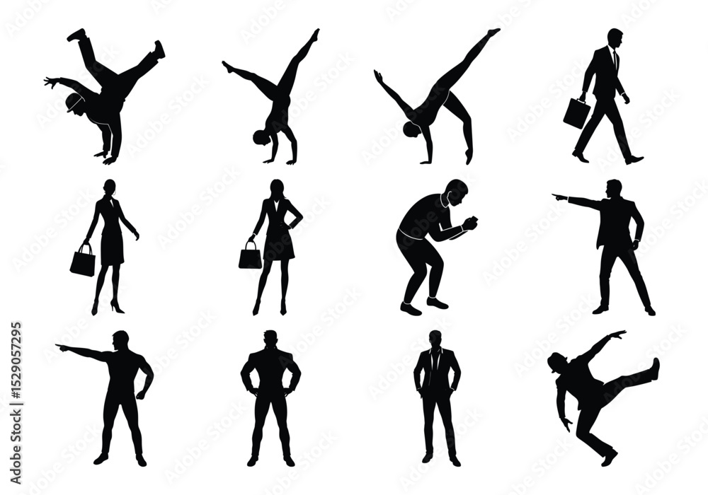 Fototapeta premium Silhouettes of Business People and Athletes in Dynamic and Professional Vector Poses on white background