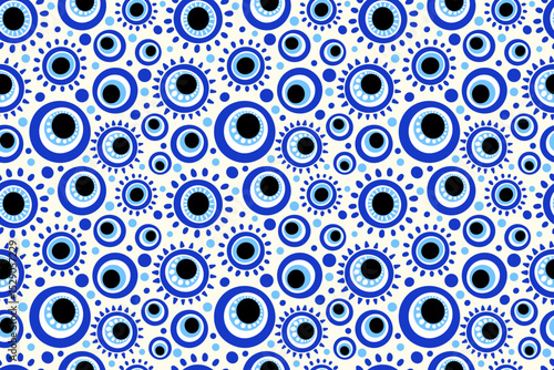 Evil eye seamless pattern. Greek and Turkish symbol of protection and luck. Blue bead magic background. Illustration with ethnic amulets and circle energy talismans. Vector Arabic design
