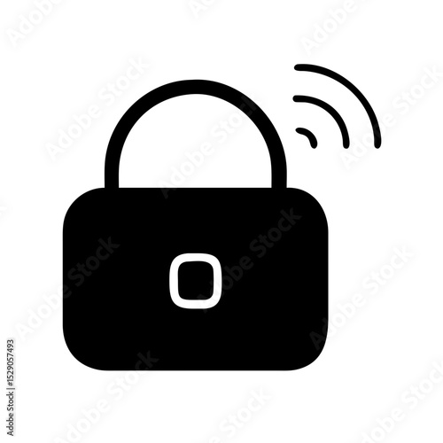 Minimal icon of a smart lock with signal waves, symbolizing keyless entry, remote access, and IoT-based home security systems.
