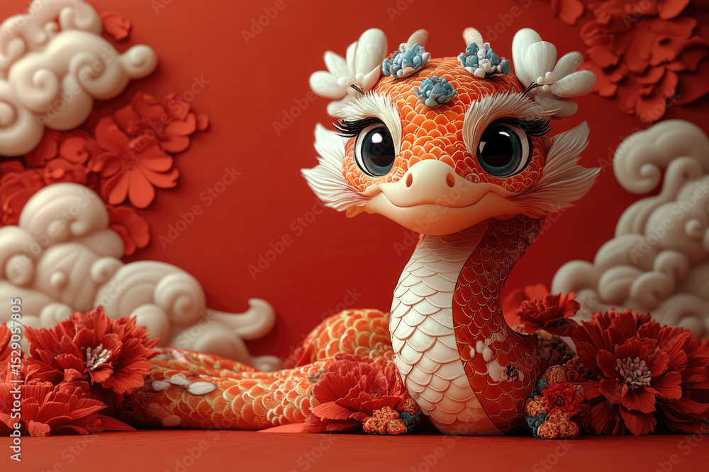 Fototapeta premium Whimsical Serpent in a Minimal Red and White Fantasy