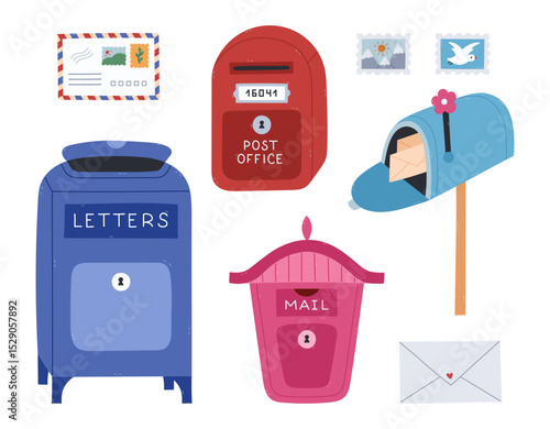Lovely cartoon set with different mailboxes. Vintage, standing on street, residential, public postbox for delivering mail, parcels. Diverse letter box clipart as post office concept isolated on white.