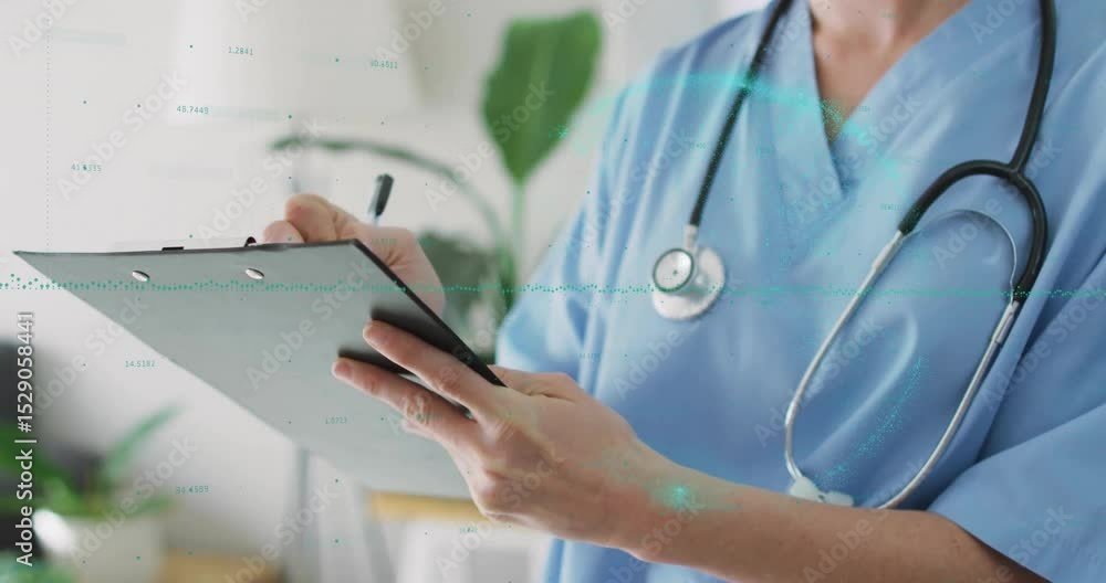Medical professional raising pen to form and updating patient record in clinical office Medical professional raising pen to form and updating patient record in clinical office