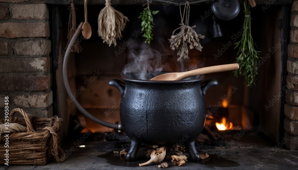 Witch's pot on fireplace, spooky atmosphere, bubbling with smoke, Halloween preparation Witch's pot on fireplace, spooky atmosphere, bubbling with smoke, Halloween preparation