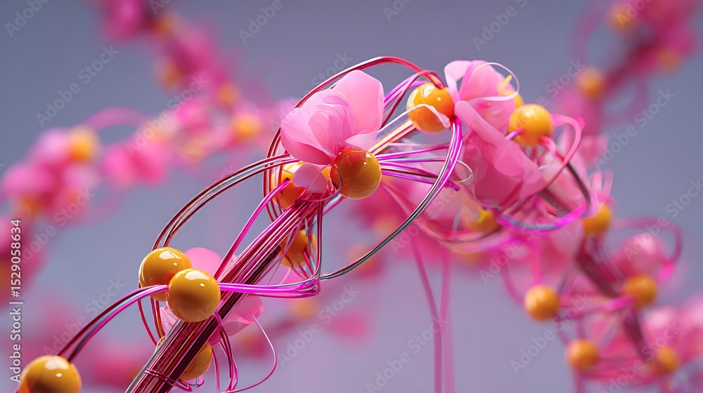 Fototapeta premium Abstract floral design with pink and yellow elements.