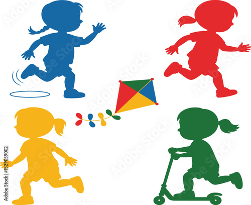 Colorful silhouettes of girls playing with a kite and a scooter on a white background illustration