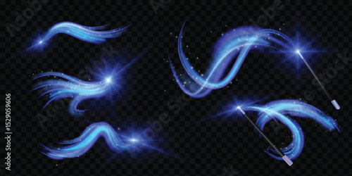 Abstract wind swirls with white sparkles isolated. Vector realistic set of magic air vortex, light twirls with particles. Design element of fresh and clean