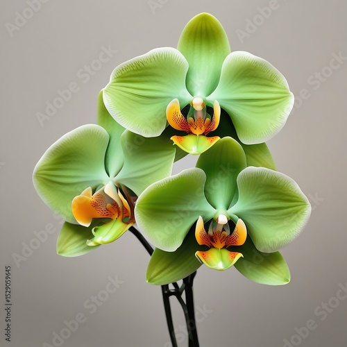 Close-up of Three Vibrant Green Orchids with Orange and Yellow Centers on a Neutral Background