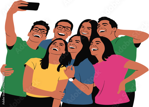 Group of friends taking a selfie together with a smartphone while laughing and smiling happily on white