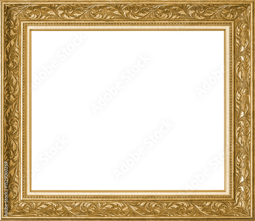 Gold picture frame PNG isolated on transparent background  for photo, art painting museum or gallery wall hanging with vintage old-style classic luxury ornate golden painted wooden decorative border