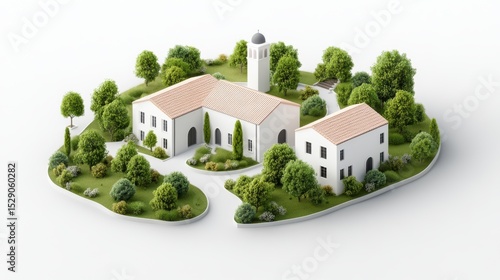 3D Architectural Model of a Mediterranean Style Building with Landscaped Garden