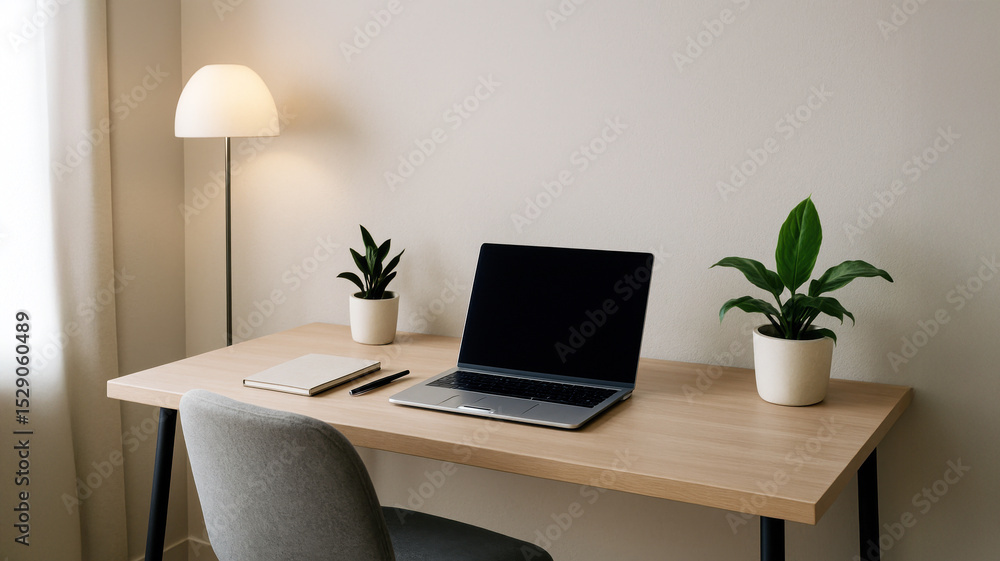 Fototapeta premium Minimalistic home office setup with closed laptop, two green potted plants, notebook and lamp on wooden desk in neutral-toned room. Calm and cozy workspace.