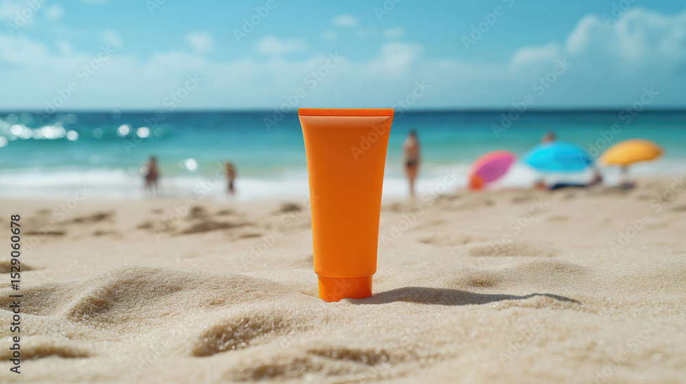 Orange sunscreen bottle on sandy beach with blurred sunbathers and colorful umbrellas Orange sunscreen bottle on sandy beach with blurred sunbathers and colorful umbrellas
