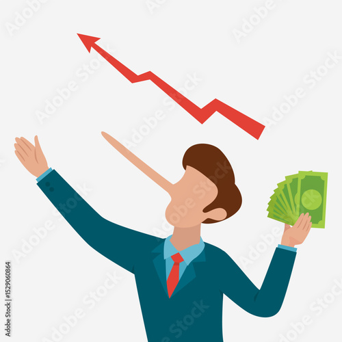 A businessman lying with Pinocchio long nose holding Dollars Money. Cartoon Vector Illustration.    
 