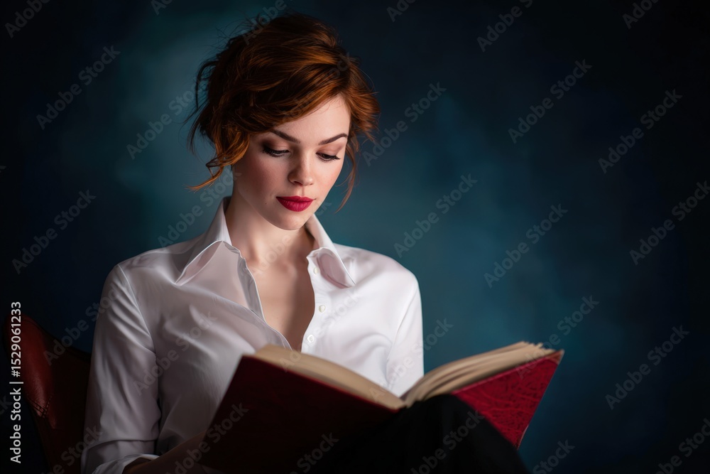Naklejka premium Elegant redhead woman in a white shirt reads a book. Dark, moody atmosphere. Ideal for websites, magazines, book covers, and literary projects.