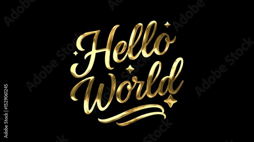 Animated hello world text message. gold lettering animation with decorative swash and star elements for content opening.