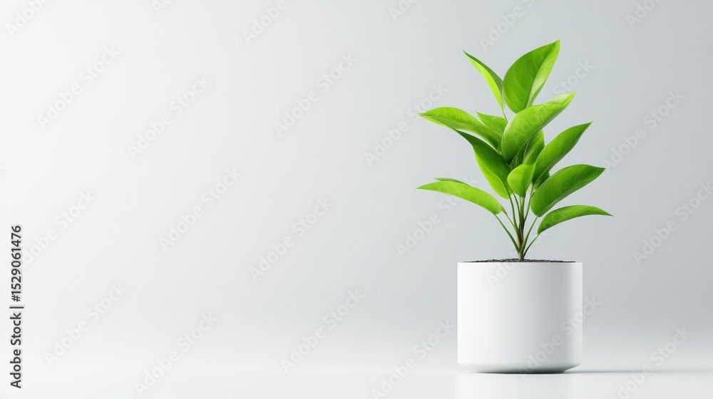 Fresh Green Plant in Modern White Pot Against Minimalist Background Fresh Green Plant in Modern White Pot Against Minimalist Background