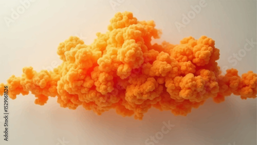 Generate a photorealistic image of a vibrant, swirling cloud of bright orange smoke or pigment drifting across a soft, light grey to off-white gradient background, evoking a sense of gentle movement.