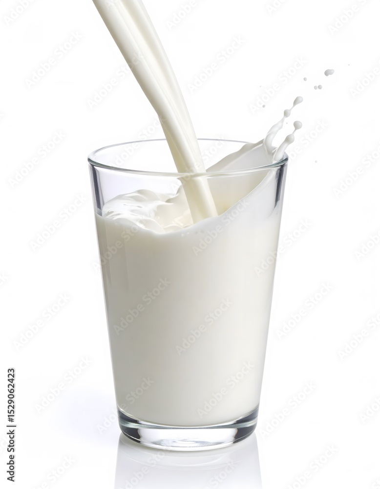 Milk pouring into glass creating splash on white background Milk pouring into glass creating splash on white background
