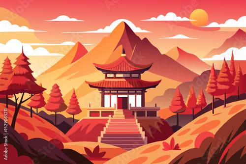 Ancient Asian temple architecture at sunset and in the morning, showcasing the rich culture and religious history of China and Japan, with pagodas and pavilions set against a beautiful sky