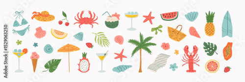 Summer vacation doodle illustration set. Beach and sea travel cute elements. Hand drawn palm tree, fruit, lobster, seafood, shell, bikini, umbrella, cocktail. Coastal collection for card, prints.