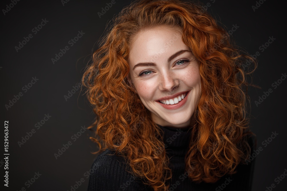 Fototapeta premium Close-up portrait of a smiling redhead woman with curly hair. Perfect for beauty, fashion, and advertising. Ideal for websites, magazines, and social media.
