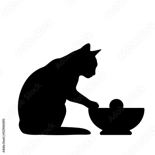 Silhouette of cat playing with puzzle feeder on white background, feline curiosity training
