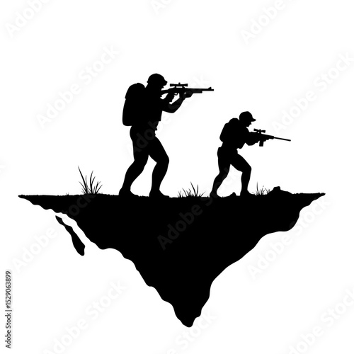 Silhouette soldiers aiming rifles on floating island, futuristic combat theme