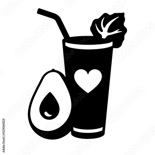 Silhouette of avocado kale smoothie with heart label, health nutrition symbol