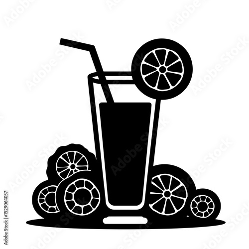 Tropical fruit smoothie silhouette with citrus slices, healthy vitamin boost