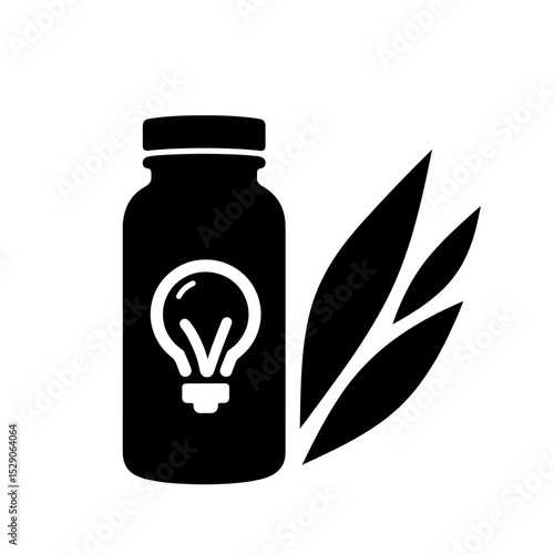 Silhouette of brain bottle with lightbulb and leaf icon on white, cognitive boost symbol