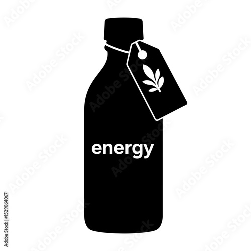 Silhouette of energy bottle with herbal tag on white background, natural vitality supplement