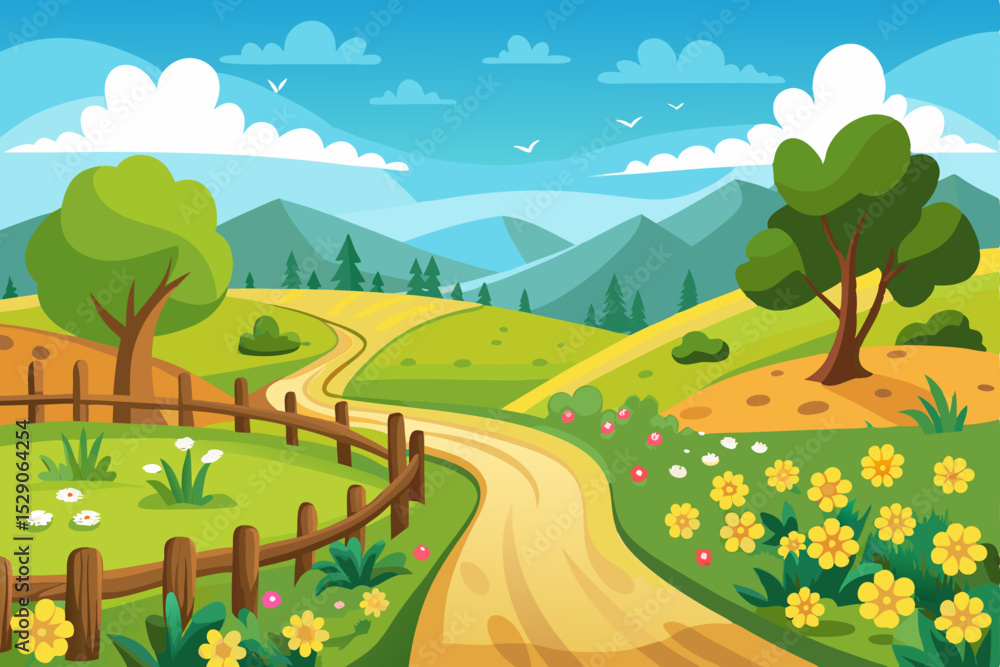 Rural summer landscape with green trees, rolling hills, and a winding road under a blue sky Rural summer landscape with green trees, rolling hills, and a winding road under a blue sky