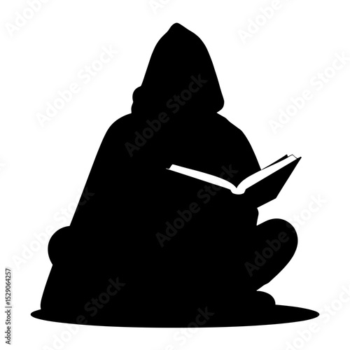 Silhouette of person in cloak reading book on white background, fantasy immersion