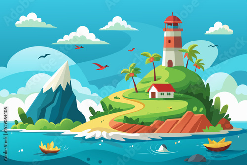 Coastal lighthouse beaming light across the ocean at sunset with a serene beach landscape