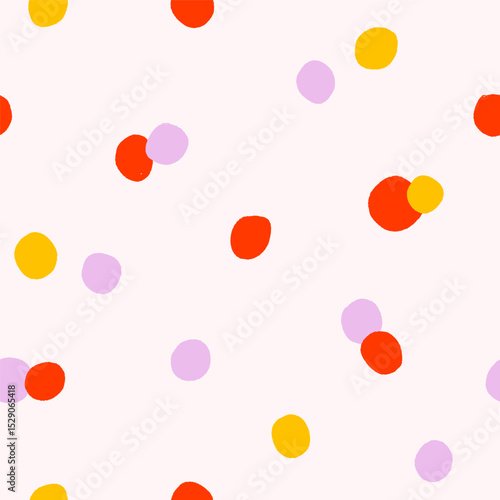 Abstract seamless pattern, repeating print. Endless background, playful random polka dot, chaotic circles texture. Colored flat vector illustration for wrapping, wallpaper, textile and fabric design