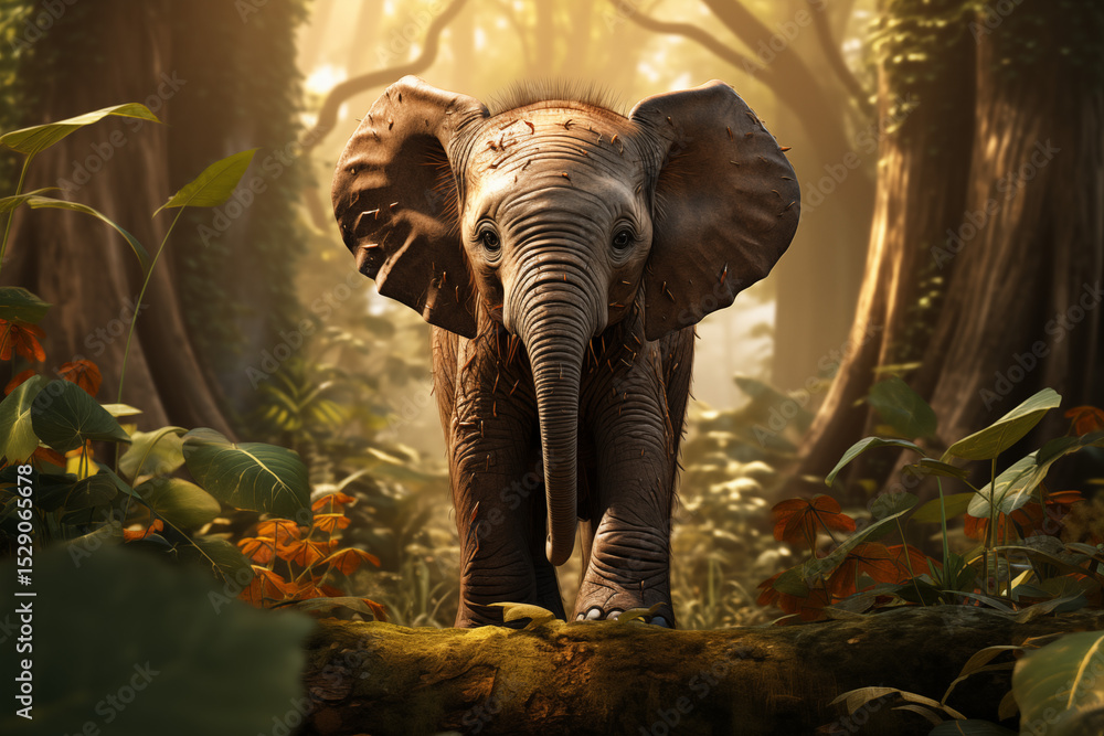 Fototapeta premium A baby elephant stands on a mossy log in a sun-dappled jungle. Its large ears and gentle eyes convey innocence. The scene is serene and picturesque, highlighting the beauty of the natural world.