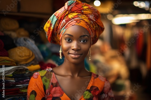 Model wearing traditional cultural attire exploring a vibrant local market. 