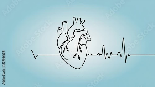 A simple line drawing of a human heart with an electrocardiogram (ECG) waveform below it. The background is a soft blue color, emphasizing the heart's shape.