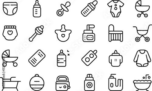 Set of baby care and accessories black line icons on white background