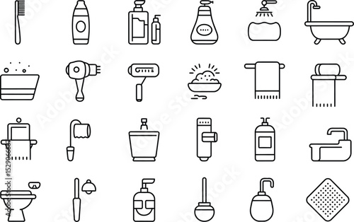 Bathroom accessories line icon set for hygiene and personal care