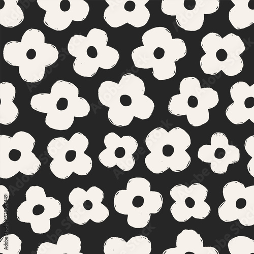 Seamless floral pattern. Groovy daisies, repeating print. Endless black-and-w...