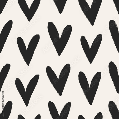 Seamless hearts pattern. Endless romantic background, freehand valentines, repeating love print. Black-and-white texture for wrapping, textile, fabric design. Printable flat vector illustration