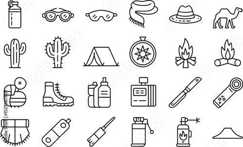 Desert adventure outline icon collection for travel and exploration design