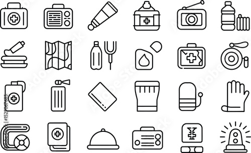 Emergency preparedness line art icons black and white first aid survival kit